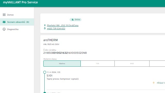 Detail zákazníka vie myVAILLANT Pro Service